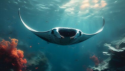 Wall Mural - Surreal Underwater Wonderland with a Graceful Manta Ray in a Dreamlike Digital Artistry