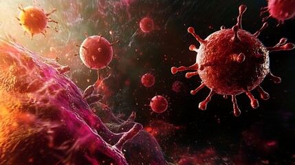 3D illustration of red virus attacking human cell. Concept of disease, infection, pandemic, and illness.