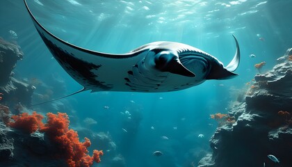 Wall Mural - Surreal Underwater Wonderland with a Graceful Manta Ray in a Dreamlike Digital Artistry