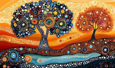 Abstract Tree of Life: A vibrant, whimsical painting featuring two stylized trees adorned with colorful circles and swirling patterns against a sunset backdrop.