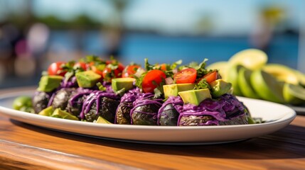 Wall Mural - Jabuticaba fruit salad avocado quinoa fresh herb served vibrant terrace overlooking ocean colorful umbrella beachgoers softly blurred behind promoting nutritious vibrant dish Scientific name Plinia