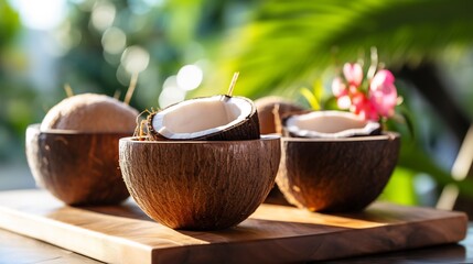 Wall Mural - Jabuticaba fruit sorbet served coconut shell placed sunlit terrace surrounded tropical plant hammock wellness mat softly blurred background promoting refreshing healthy treat Scientific name Plinia