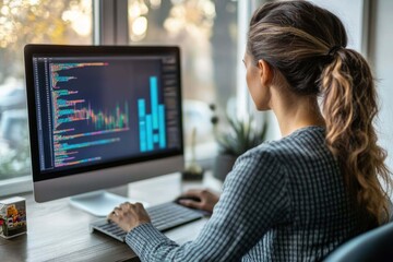 Adult businesswoman working at home using computer, studying business ideas on a pc screen on-line.