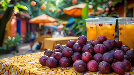 Wall Mural - Jabuticaba fruits spread across vibrant tablecloth an outdoor caf with bright umbrellas and drinks blurred in the background evoking a lively and tropical atmosphere Scientific name Plinia cauliflora