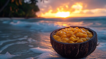 Wall Mural - Jackfruit curry served carved coconut shell beach sunset ocean waves gently lapping shore scent of tropical flowers air evoking a sense of peace and indulgence Scientific name Artocarpus heterophyllus