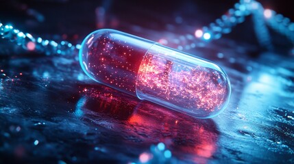 Futuristic pill glowing on a metallic surface, emitting soft neon light, surrounded by holographic DNA strands, medical innovation scene, Sci-Fi, high detail, cool tones