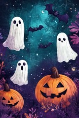 Wall Mural - spooky halloween illustrations, festive halloween doodle decor featuring ghosts, pumpkins, bats, and spiders on a purple and teal night sky