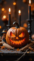 Grinning Halloween pumpkin with candles and corn  
