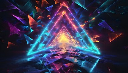 Wall Mural - Neon Glow Fractal Geometry: An Abstract Futuristic Background with Triangular Shapes on Dark Canvas