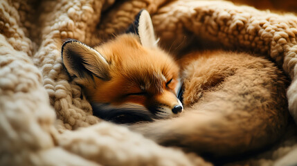 Baby Fox Curled in Soft Blanket with Fluffy Tail