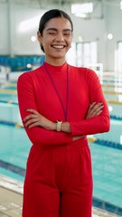 Wall Mural - Face, woman and teacher for swimming sport of fitness class, aquatic learning and water exercise at pool. Female coach, arms crossed and swimmer safety with wellness performance for teaching lesson