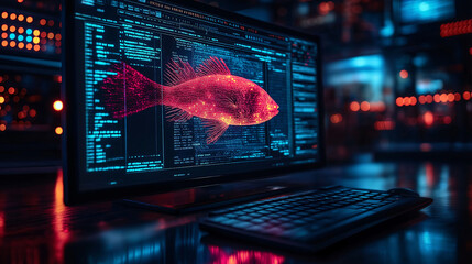 Digital Fish on Computer Screen with Code and Keyboard