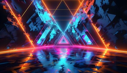 Wall Mural - Neon Glow Fractal Geometry: An Abstract Futuristic Background with Triangular Shapes on Dark Canvas