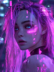 Wall Mural - Cyberpunk woman with glowing pink hair and eyes, digital art illustration