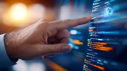 A hand pointing at a computer screen with a blue background