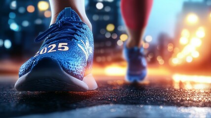 Poster - A person is running in the rain with a shoe that says 2025 on it