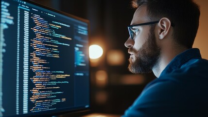 A man with glasses is looking at a computer screen with a lot of code on it