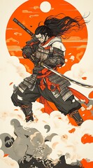 Canvas Print - Samurai warrior with katana sword, Japanese illustration art