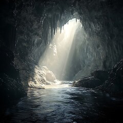 Wall Mural - Flowing river creates a magical atmosphere in dark cave image