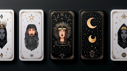 Wall Mural - Four cards with different faces and one with a moon