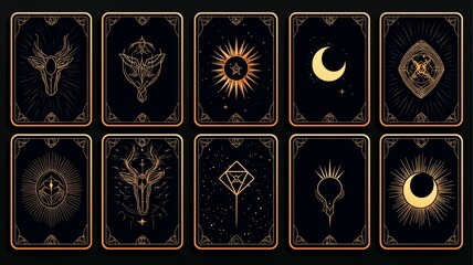 A set of cards with various symbols and designs, including a deer, a sun