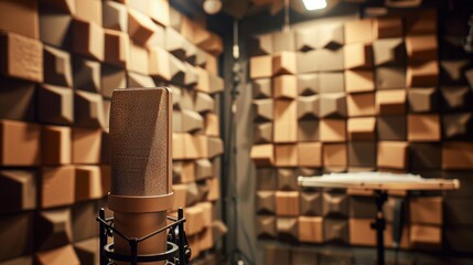 An empty recording booth with a microphone and acoustic foam panels, prepared for voice-over work