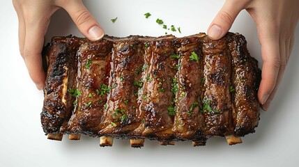 Wall Mural - Close-up of Glazed and Herb-Crusted Pork Ribs Held by Hands