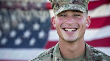 Wall Mural -  Smiling young Caucasian male soldier in camouflage with blurred American flag background.