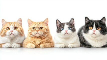 Four cats are laying on a white background