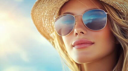 Wall Mural - A woman wearing a straw hat and sunglasses is smiling