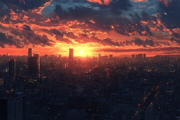 Poster - Sunset over City Skyline with Dramatic Clouds