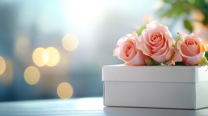 Wall Mural - A white box with three pink roses on top of it