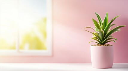 Wall Mural - A small pink plant in a pink pot sits on a table in front of a window