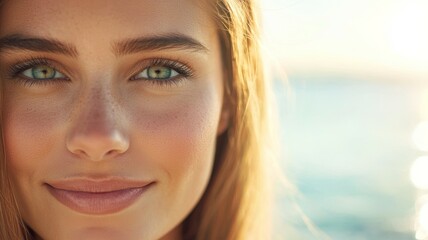 Wall Mural - A woman with green eyes and blonde hair is smiling at the camera