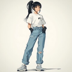 Wall Mural - Anime girl character wearing casual outfit with ponytail, t shirt, jeans, and sneakers