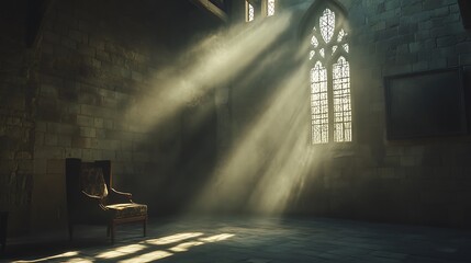 Sticker - Sunlight streams through a gothic window in a dark room, illuminating a chair