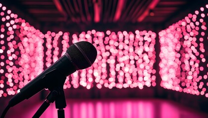 Microphone illuminated by vibrant pink glow in a dimly lit room with a backdrop of sparkling lights