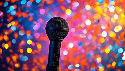 Wall Mural - Vibrant microphone against a backdrop of confetti and colorful lights