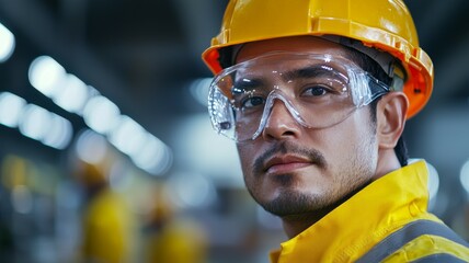 Wall Mural - A man wearing a yellow safety vest and a hard hat