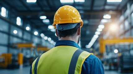 Wall Mural - A man in a yellow vest and a hard hat stands in a large industrial building