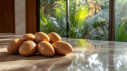 Mamey sapote fruits arranged spiral sleek marble countertop luxury kitchen vibrant plants bright sunlight softly blurred behind blending elegance with natures freshness Scientific name Pouteria sapota