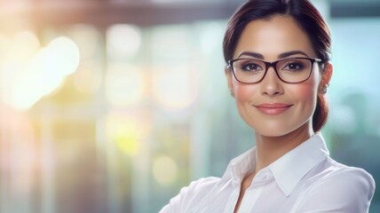 Wall Mural - A woman wearing glasses and a white shirt is smiling for the camera