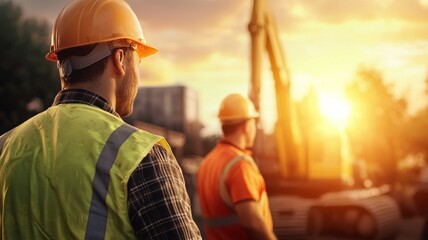 Wall Mural - Two men wearing safety gear and standing next to a large construction vehicle