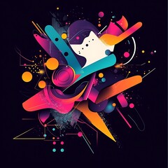 Wall Mural - Abstract Composition of Vibrant Shapes and Lines on a Black Background