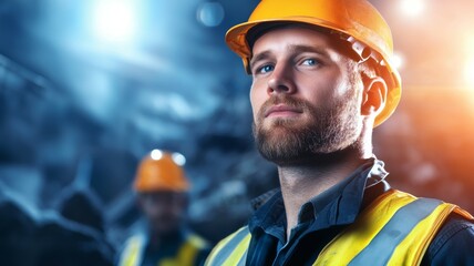 Wall Mural - A man in a yellow vest and a hard hat is standing in front of a building