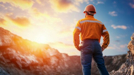 Wall Mural - A man in an orange shirt and blue jeans stands on a rocky hillside