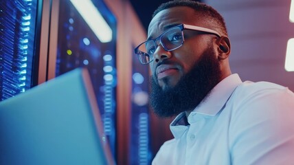 Poster - A man with glasses is looking at a laptop computer