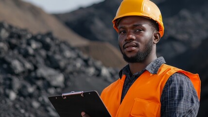 Wall Mural - A man wearing a hard hat and orange vest is holding a clipboard