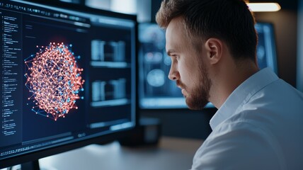 A man is looking at a computer monitor with a red and blue circle on it