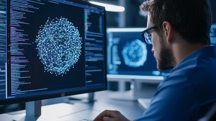 Poster - A man is sitting in front of two computer monitors